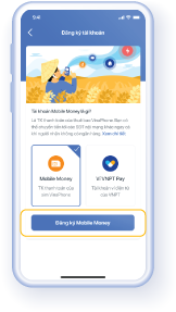 Tại màn hình giới thiệu các loại tài khoản chọn Tài khoản Mobile Money và bấm chọn 'Đăng ký Mobile Money'