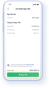 Bước 3.1: Nếu nguồn tiền sử dụng là Ví VNPT Pay hệ thống hiển thị màn hình xác nhận nạp tiền. Người dùng nhấn 'Nạp Tiền' và nhập mã OTP để hoàn tất