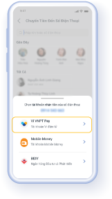Bước 2.2: Nếu chuyển tới tài khoản Ví VNPT Pay của người nhận, chọn “Đến số điện thoại”, tiếp theo chọn nguồn tiền là “Ví VNPT Pay”